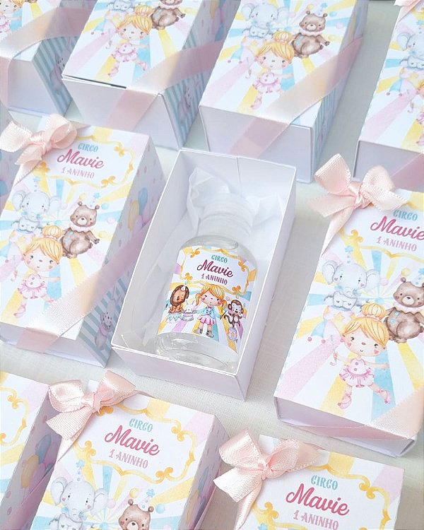 Mini álcool em gel Circo Rosa personalizado com caixinha
