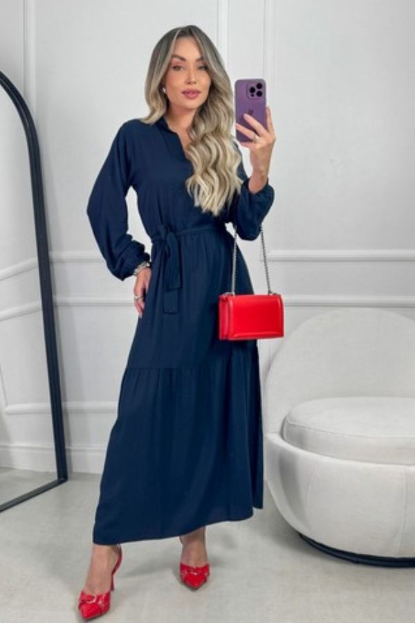 Vestido feminino Crepe Soltinho Com Faixa