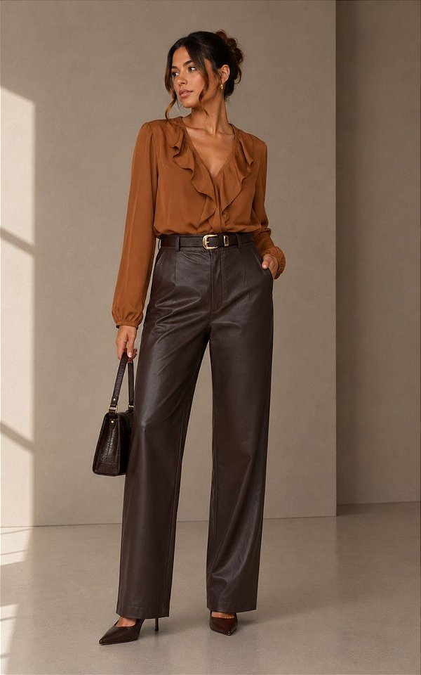 Calça Pantalona Couro Resinado