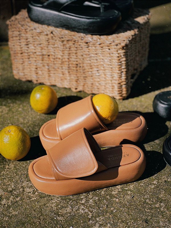 Flatform Capri | velcro couro caramelo