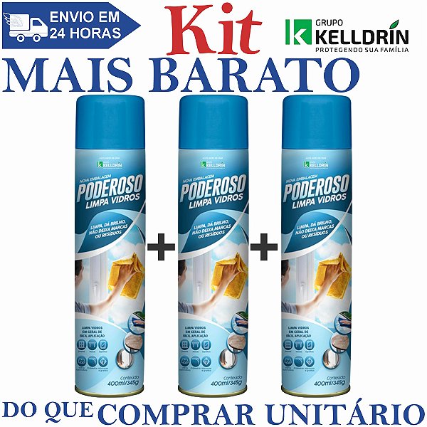 Kit 3un Poderoso Limpa Vidros Aerossol 400ml - Kelldrin