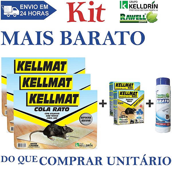 KIT RATICIDA 3 Kellmat Cola Rato + 2 Kellmat Bloco 4x20g + 1 K-Rato 100g