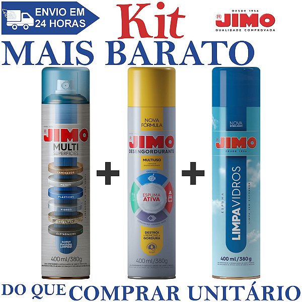 KIT 1 Multi Superfícies Aerossol 400ml + 1 Desengordurante Multiuso Aerossol 400ml + 1 Limpa-Vidros 400ml - JIMO