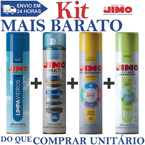KIT 1 Limpa Vidros 400ml + 1 Multi Superfícies 400ml + 1 Desengordurante Multiuso 400ml + 1 Limpa Box e Banheiro 400ml