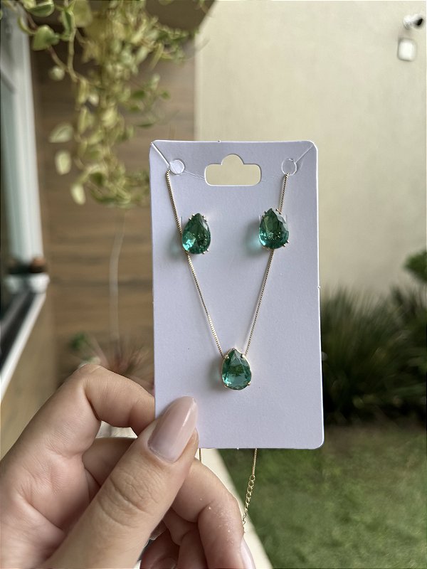 Conjunto gota turmalina • folheado a ouro