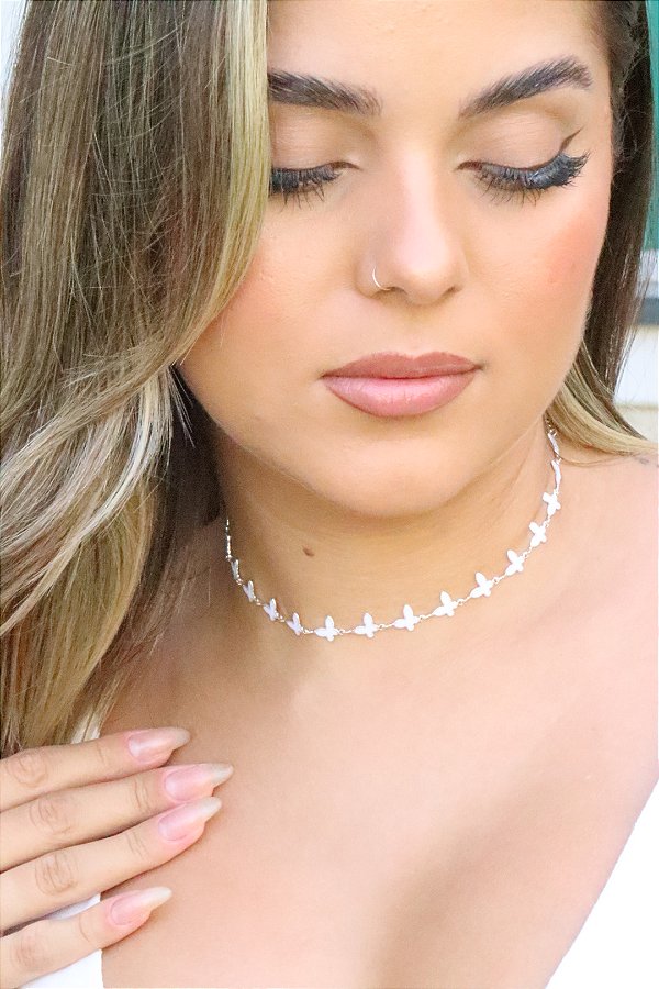 Choker borboleta branca • folheado a prata