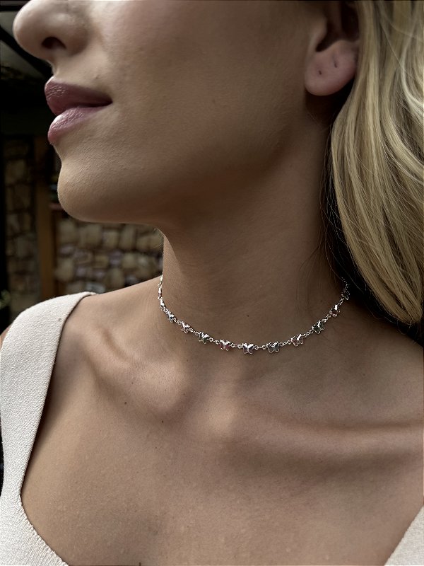 Choker borboleta colorida • folheado a prata