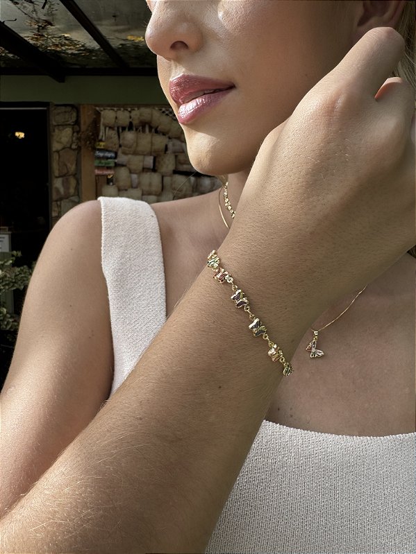 Pulseira borboleta colorida • folheado a ouro