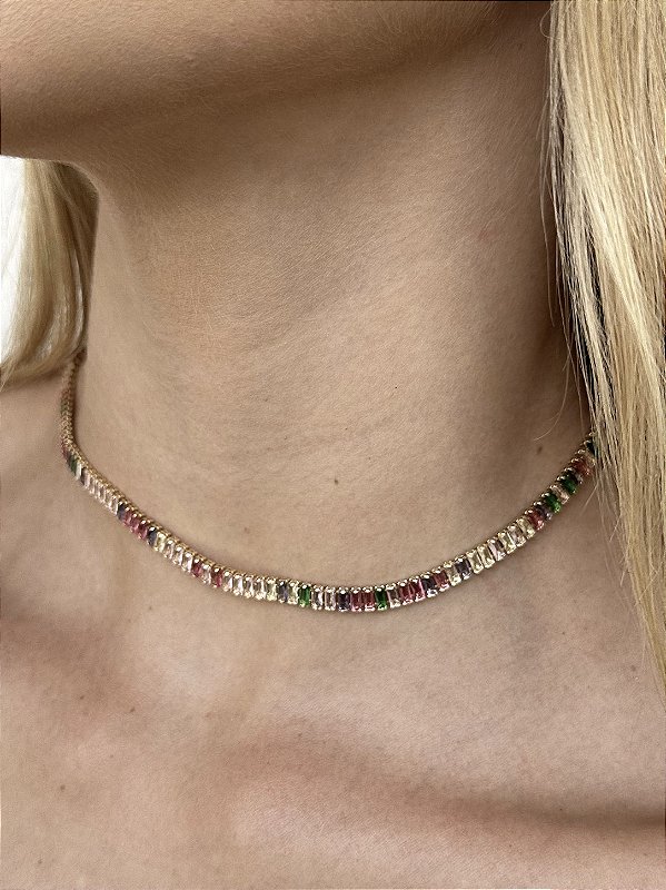 Choker baguete colorida • folheado a ouro