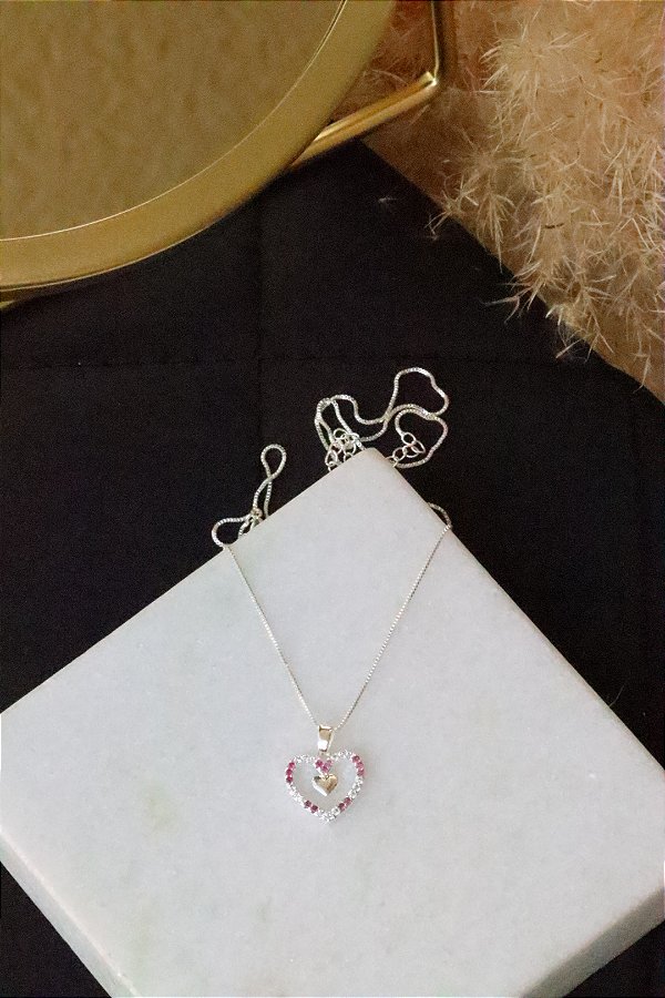 Colar coração rosa e cristal • folheado a prata