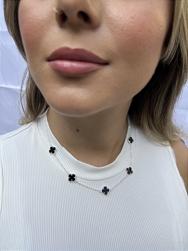 Choker 5 trevo preto • folheado a prata