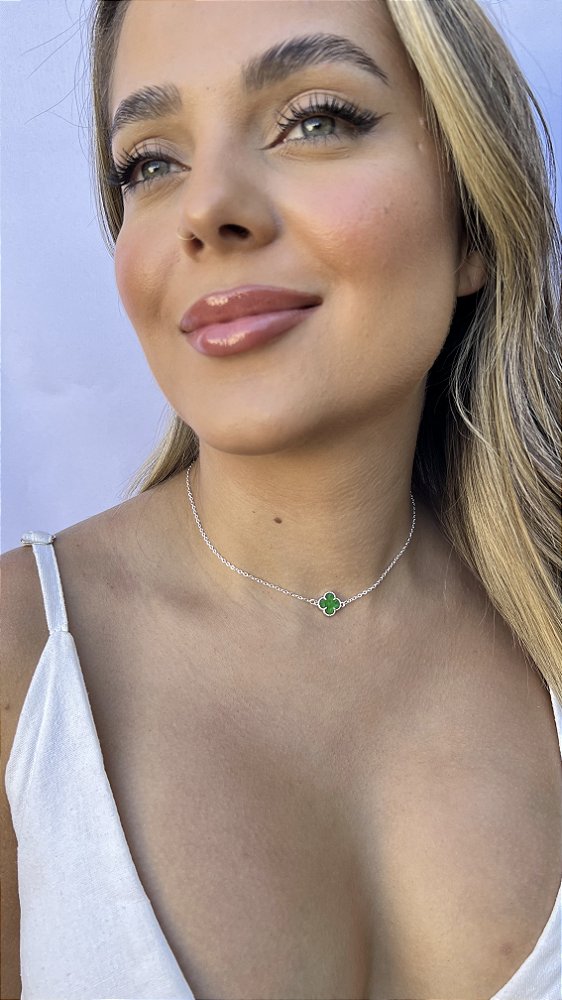 Choker 1 trevo verde • folheado a prata