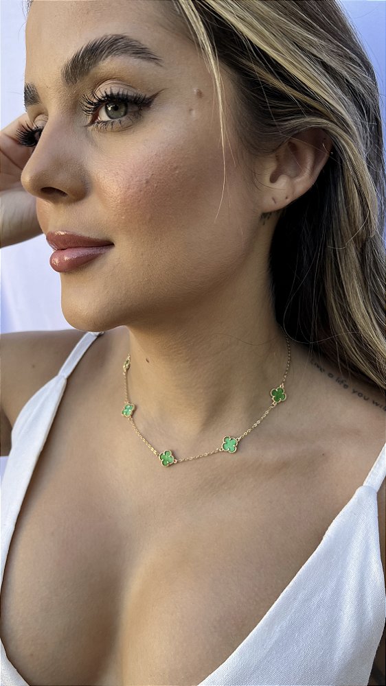 Choker 5 trevo verde • folheado a ouro