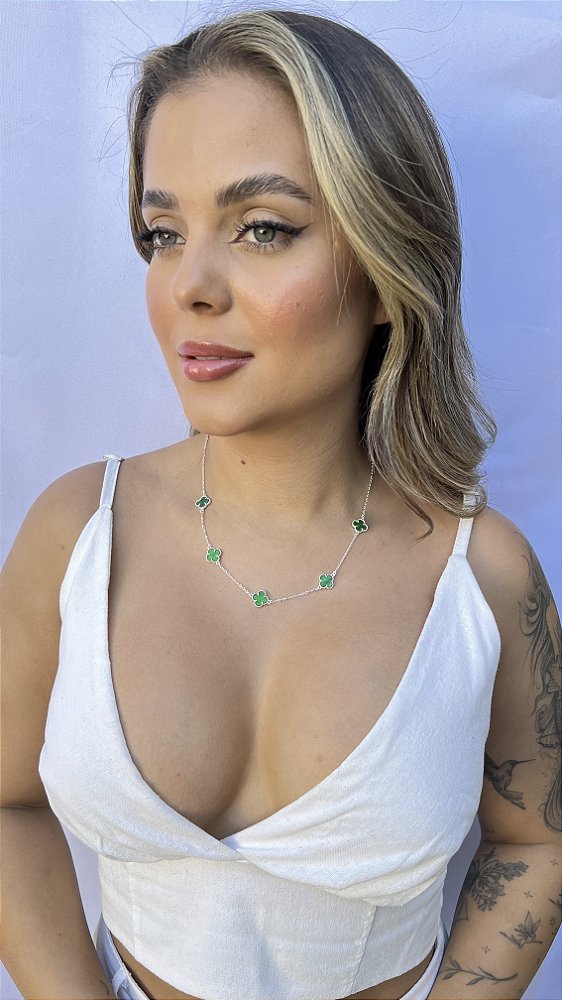 Choker 5 trevo verde • folheado a prata