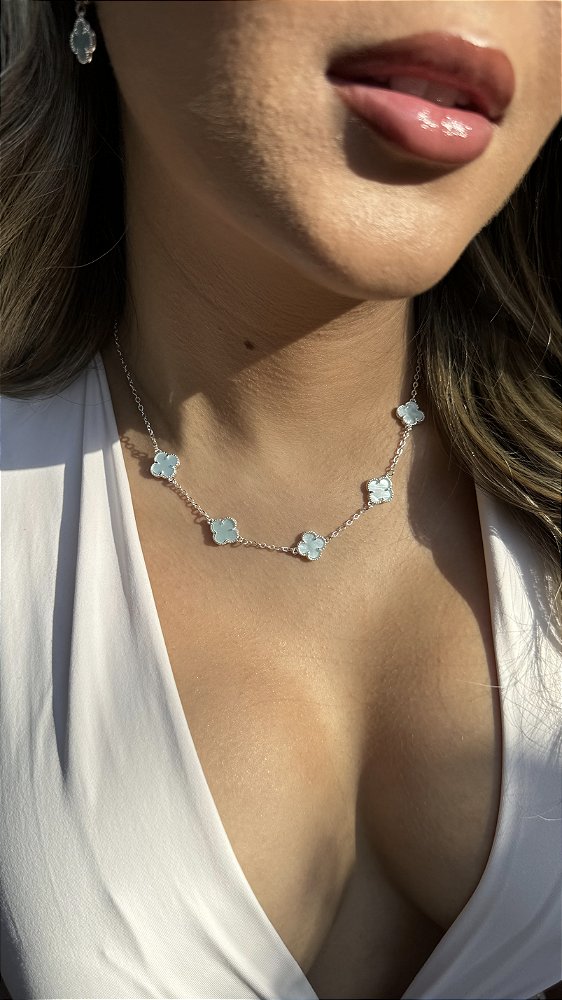 Choker 5 trevo azul acqua • folheado a prata
