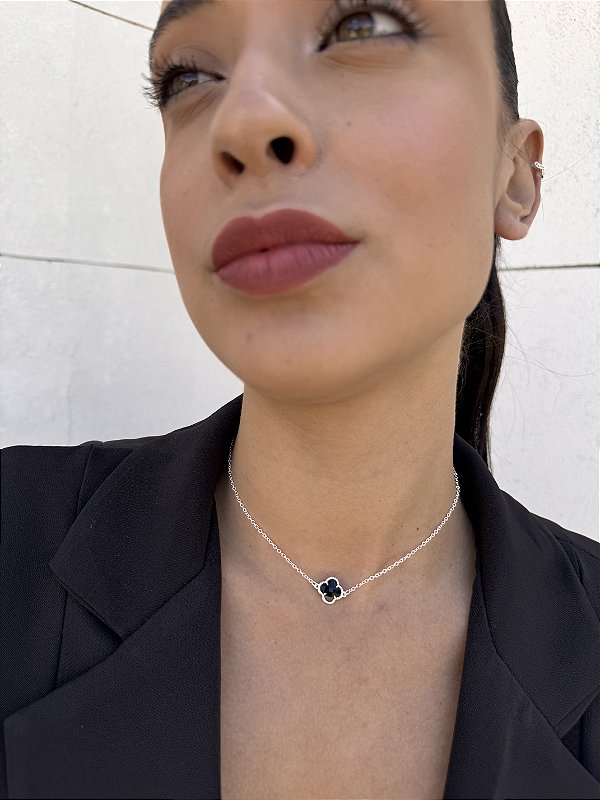 Choker 1 trevo chaton preto • folheado a prata