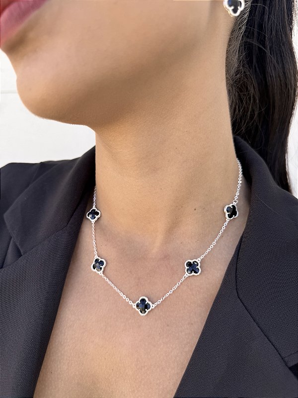 Choker 5 trevo chaton preto • folheado a prata