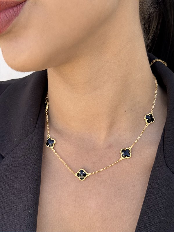 Choker 5 trevo chaton preto • folheado a ouro