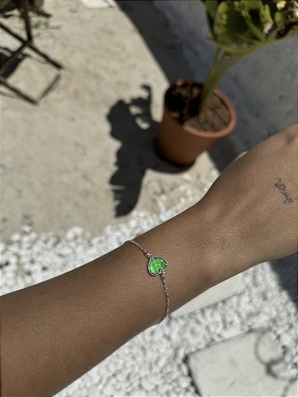 Pulseira coração verde • folheado a prata