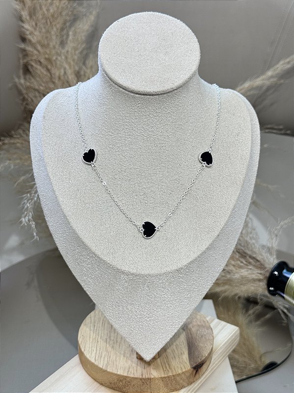 Choker 3 coração preto • folheado a prata