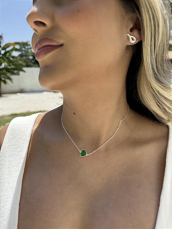 Choker coração verde • folheado a prata
