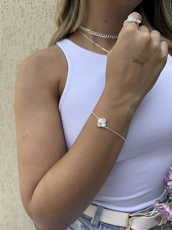 Pulseira trevo lapidado • folheado a prata