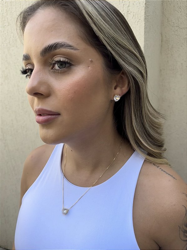 Conjunto coração cristal • folheado a ouro