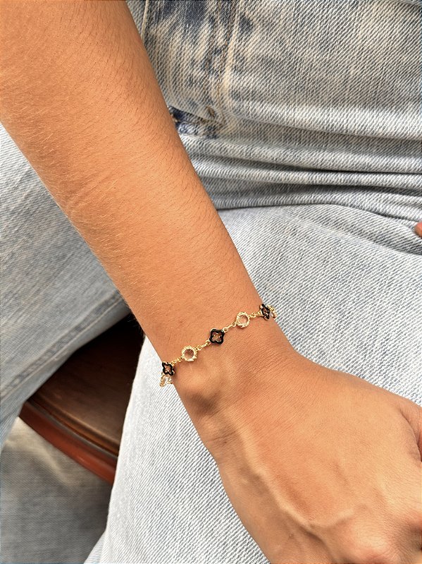 Pulseira tifany com trevo preto • folheado a ouro