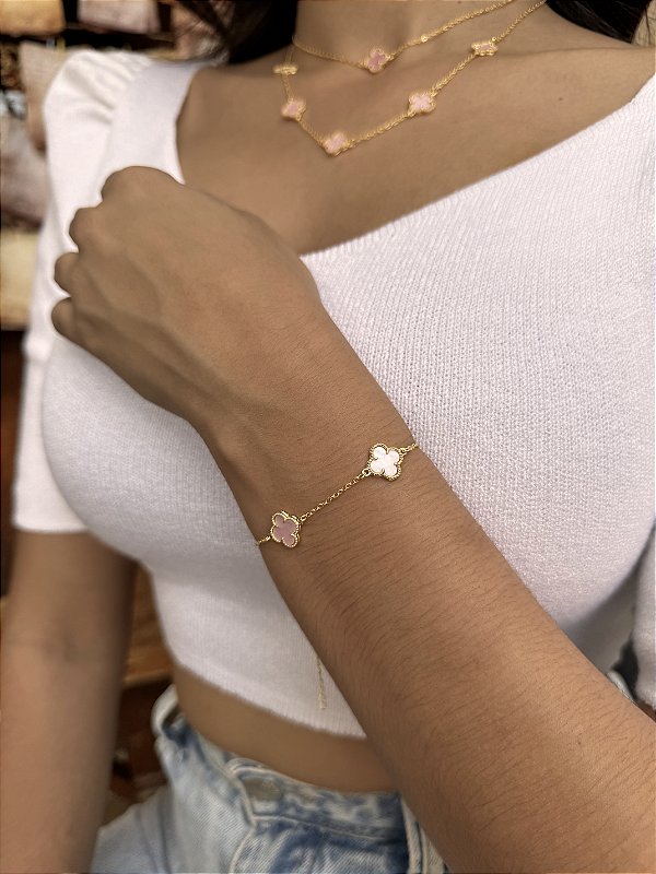 Pulseira trevo rosa • folheado a ouro