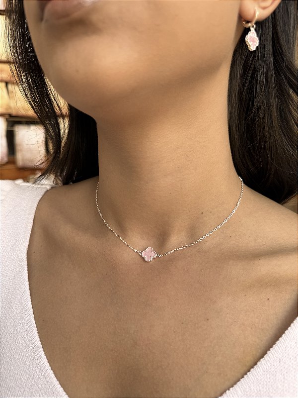Choker 1 trevo rosa • folheado a prata