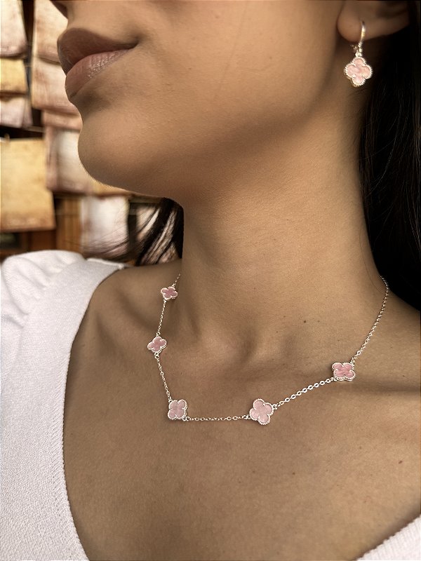 Choker 5 trevo rosa • folheado a prata