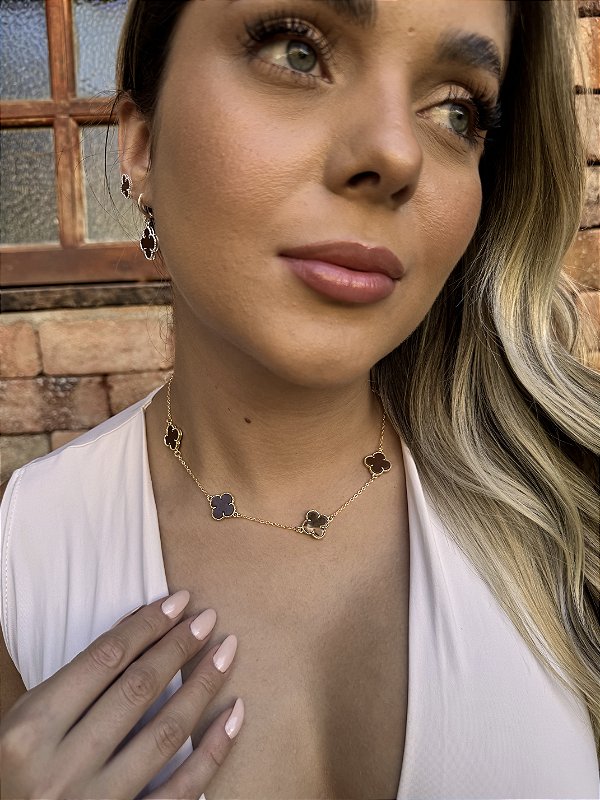 Choker 5 trevo marrom GRANDE • folheado a ouro