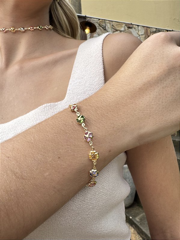 Pulseira trevos coloridos • folheado a ouro