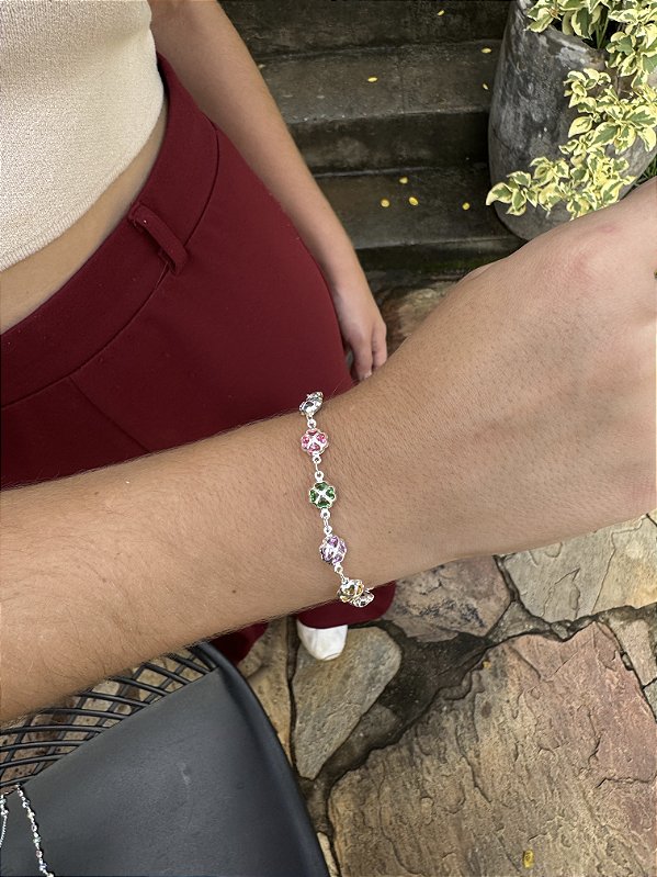 Pulseira trevos coloridos • folheado a prata