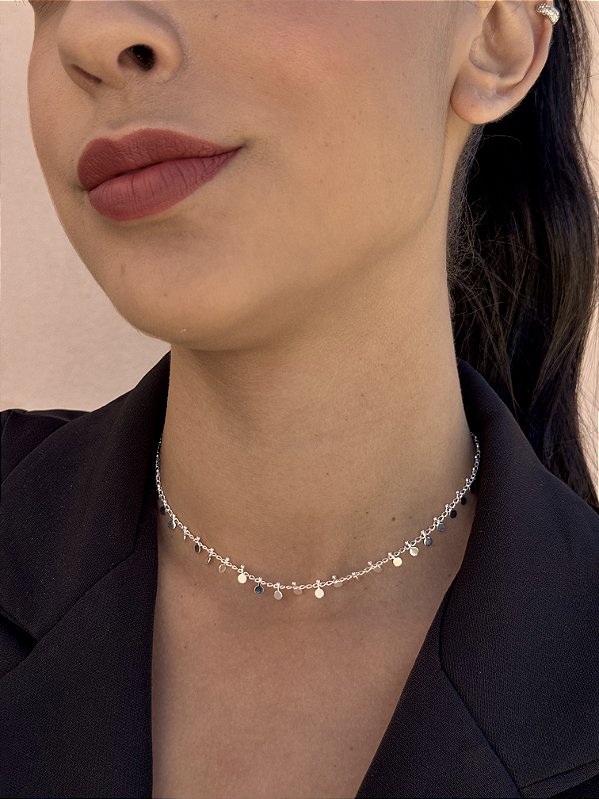 Choker medalhas rendada • folheado a prata
