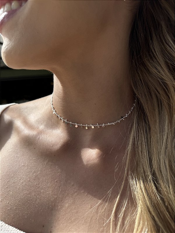 Choker medalhas rendada • folheado a prata