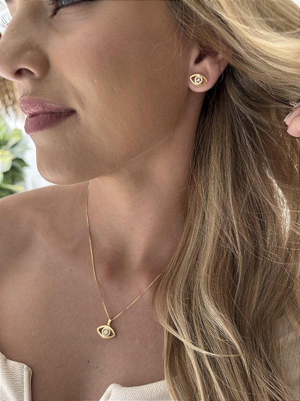 Conjunto olho turco zircônia • folheado a ouro