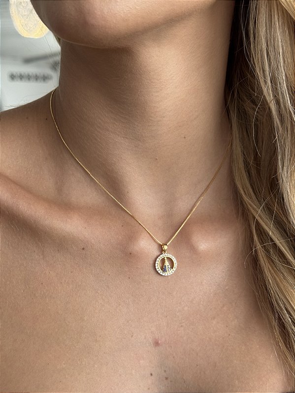 Colar Santa redonda azul • folheado a ouro