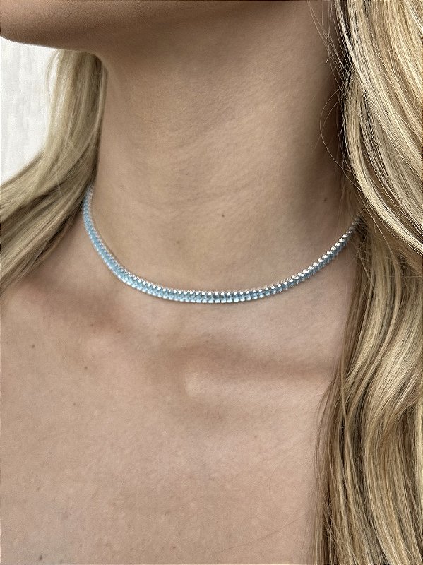 Choker baguete azul • folheado a prata