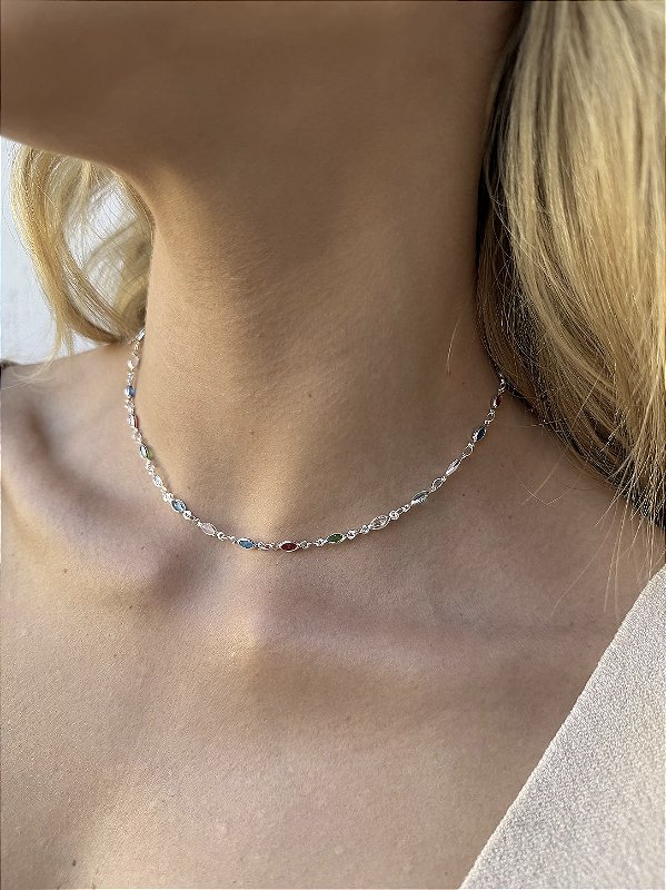 Choker pedra oval • folheado a prata