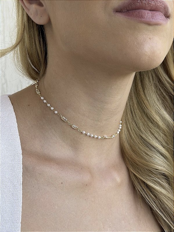 Choker pérola baguete • folheado a ouro