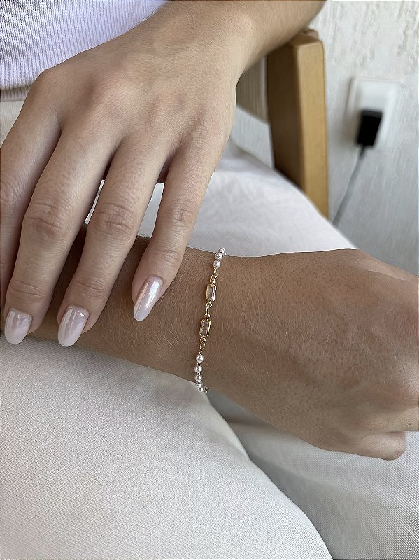Pulseira pérola baguete • folheado a ouro