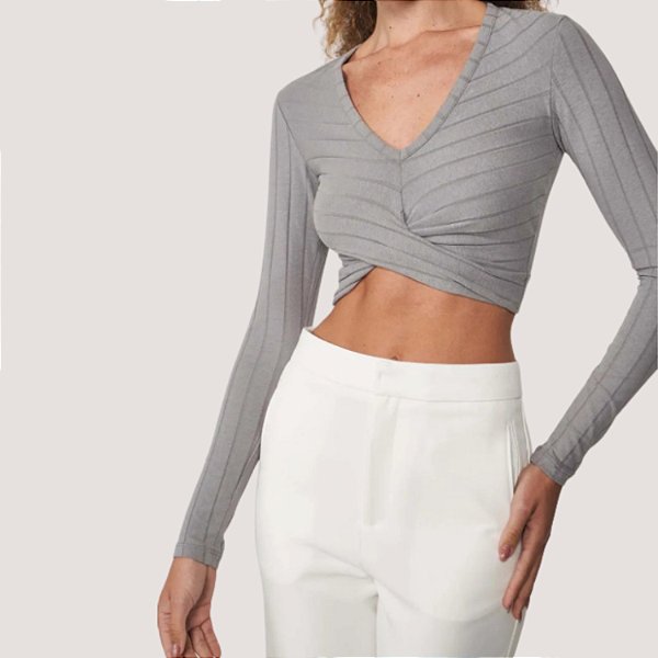 BLUSA COLCCI MANGA LONGA CINZA CROPPED  FEMININA