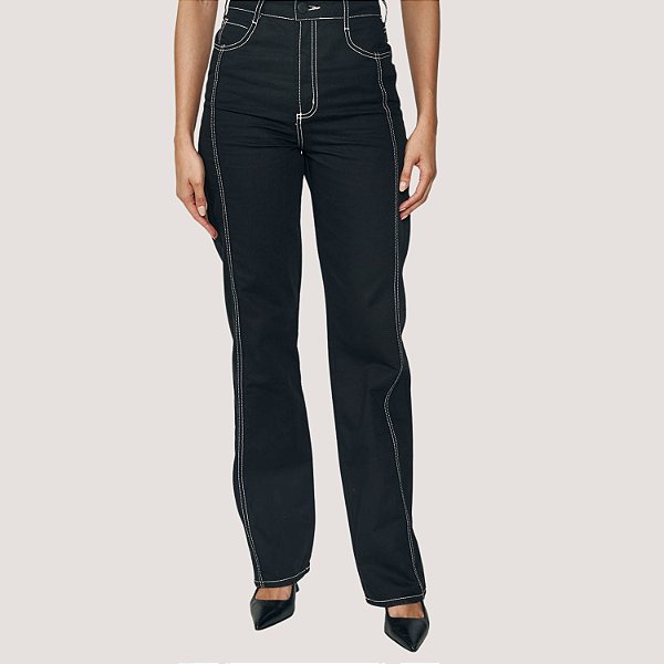 CALÇA COLCCI BRIM BRUTO PRETA WIDE LEG FEMININA