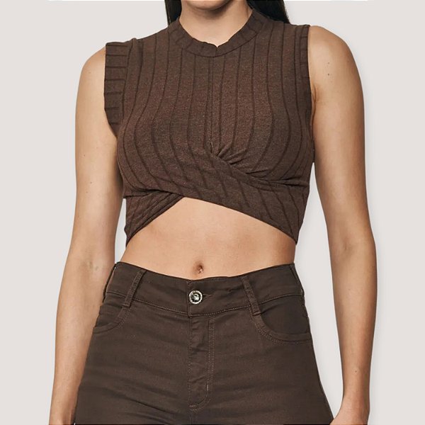 BLUSA COLCCI REGATA MARROM CROPPED CANELADO FEMININO