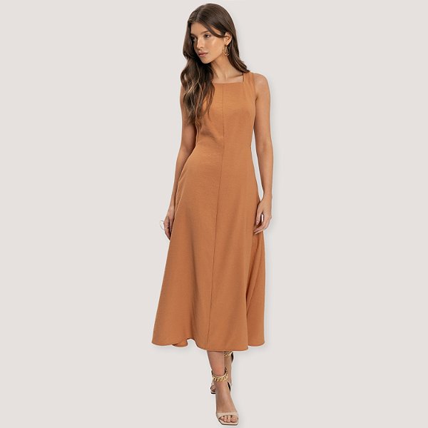 VESTIDO LEZ A LEZ REGATA BEGE DE VISCOSE MIDI FEMININO