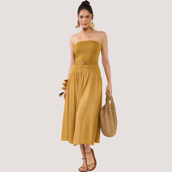 VESTIDO COLCCI TOMARA QUE CAIA MOSTARDA FEMININA