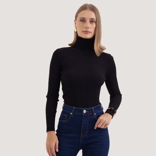 BLUSA MAMÕ MANGA LONGA TRICÔ GOLA ALTA PRETO FEMININO ADULTO