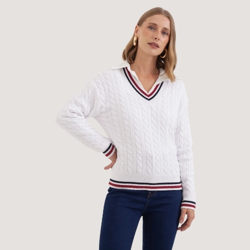 BLUSA MAMÕ MANGA LONGA TRICÕ GOLA V OFFWHITE FEMININO ADULTO
