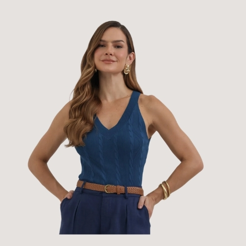 BLUSA MAMÕ REGATA TRICÔ AZUL OCEANO FEMININO ADULTO